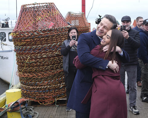 Conservative Party of Canada leader Pierre Poilievre and wife Anaida Poilievre during his election campaign tour in Petty Harbour, Newfoundland, Canada April 1, 2025. Photo by Greg Locke
