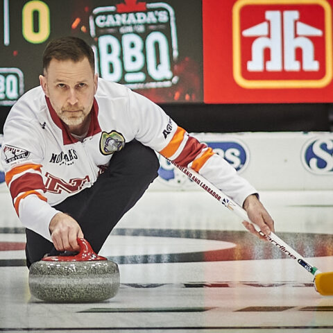Brad Gushue throws his first rock at the 2026 Montana Briar Canadian curling championships at Mary Brown Centre in St John's, Newfoundland February 27, 2026/ Photo by Greg Locke