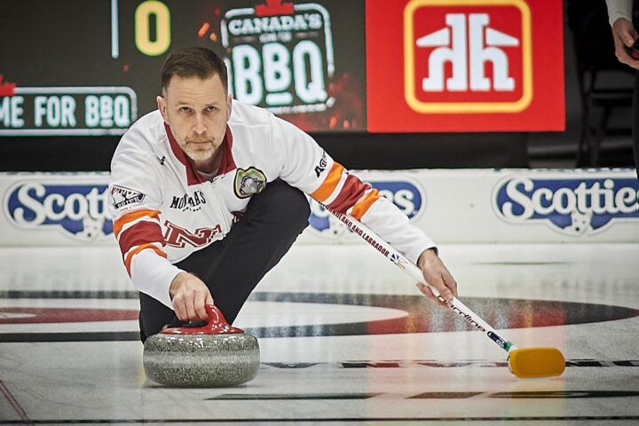Brad Gushue throws his first rock at the 2026 Montana Briar Canadian curling championships at Mary Brown Centre in St John's, Newfoundland February 27, 2026/ Photo by Greg Locke