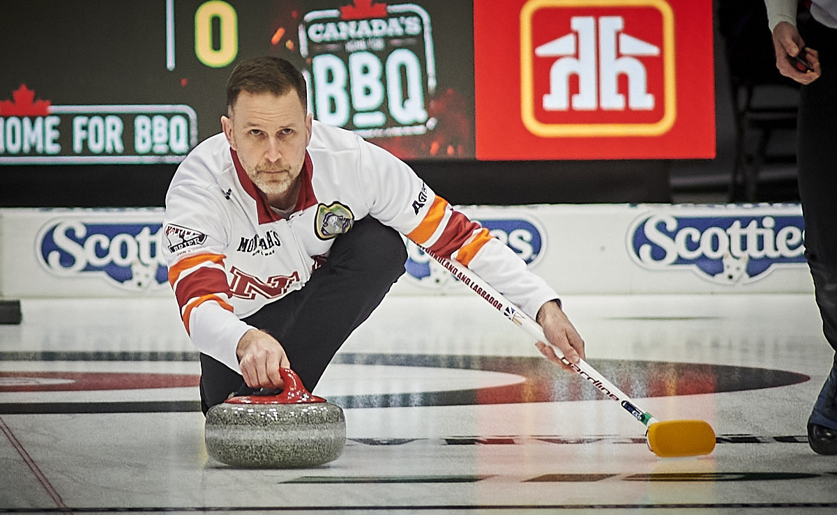 Brad Gushue throws his first rock at the 2026 Montana Briar Canadian curling championships at Mary Brown Centre in St John's, Newfoundland February 27, 2026/ Photo by Greg Locke