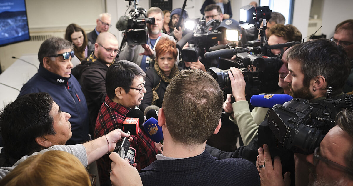 Innu Nation Grand Chief surrounded by news media at Confederation Building in St John's, Newfoundland May 19 2026. Photo by Greg Locke.