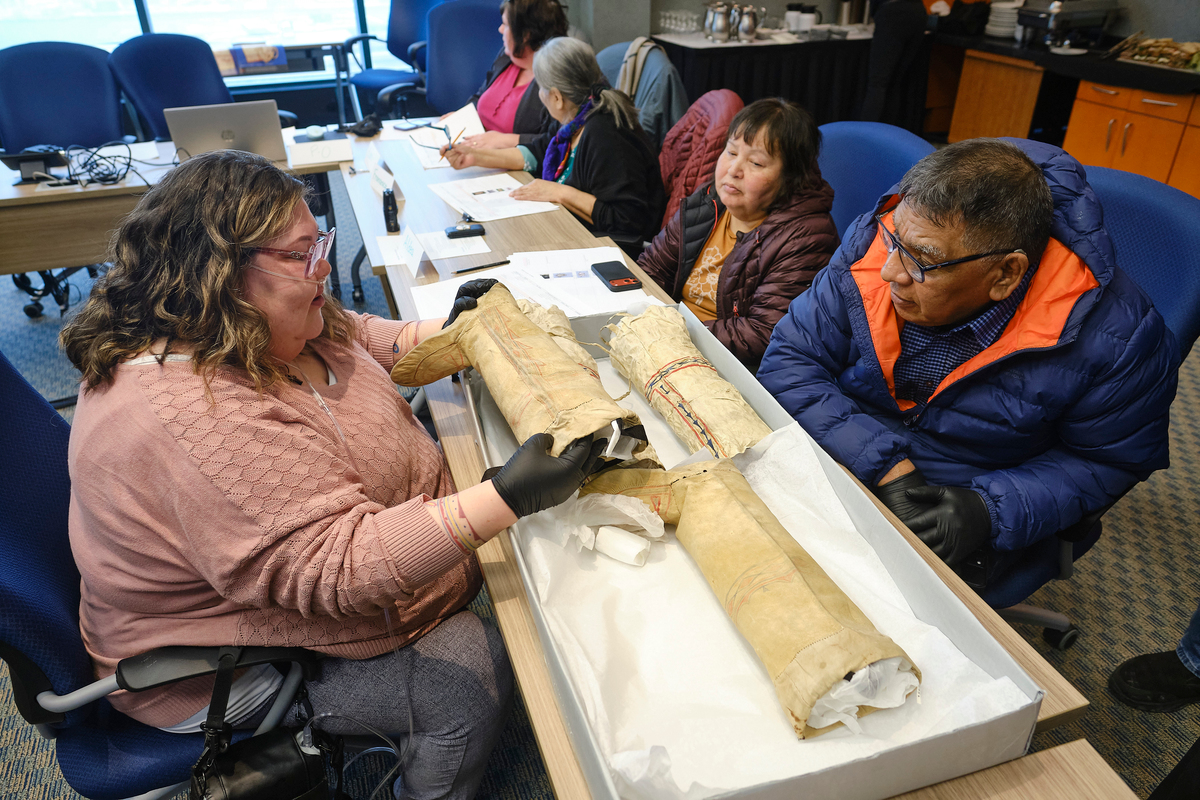 Innu historic artifacts being examined at The Rooms in St John's, Newfoundland. January 27, 2026. Photo by Greg Locke.
