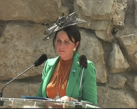 Andrea Barbour, Minister of Tourism, Culture, and Arts Minister of Sport, Recreation, and Parks in the Government of Newfoundland and Labrador giving a speech in Beaumont-Hamel, France. July 1, 2026.