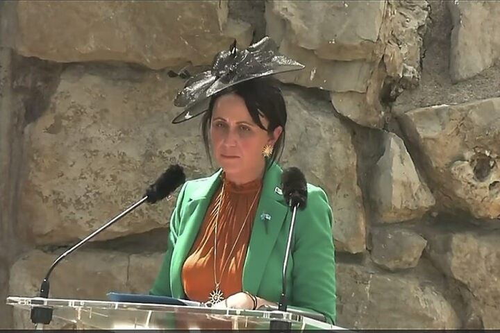 Andrea Barbour, Minister of Tourism, Culture, and Arts Minister of Sport, Recreation, and Parks in the Government of Newfoundland and Labrador giving a speech in Beaumont-Hamel, France. July 1, 2026.